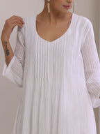 trueBrowns White Dobby Front Pleated Long Kurta Pant Set | Grocsy