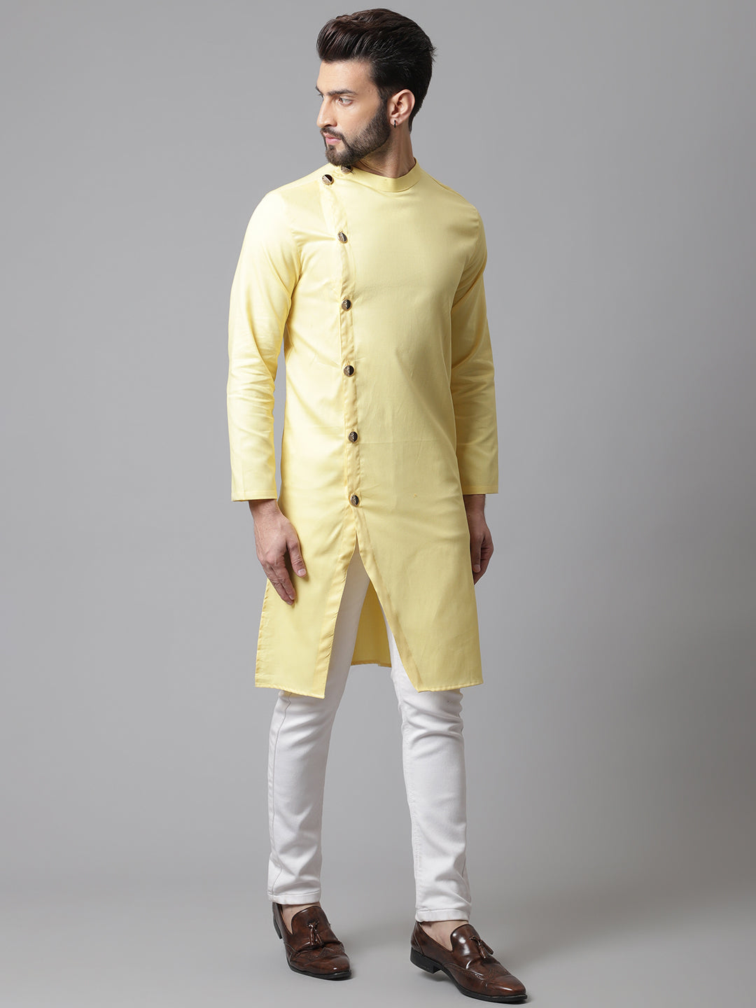 Even Apparels Yellow Sherwani Kurta With Asymetrical Cut | Grocsy