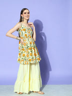 InWeave Women's Off White Yellow Floral Print Tie Up Kurta Sharara Set With Dupatta | Grocsy