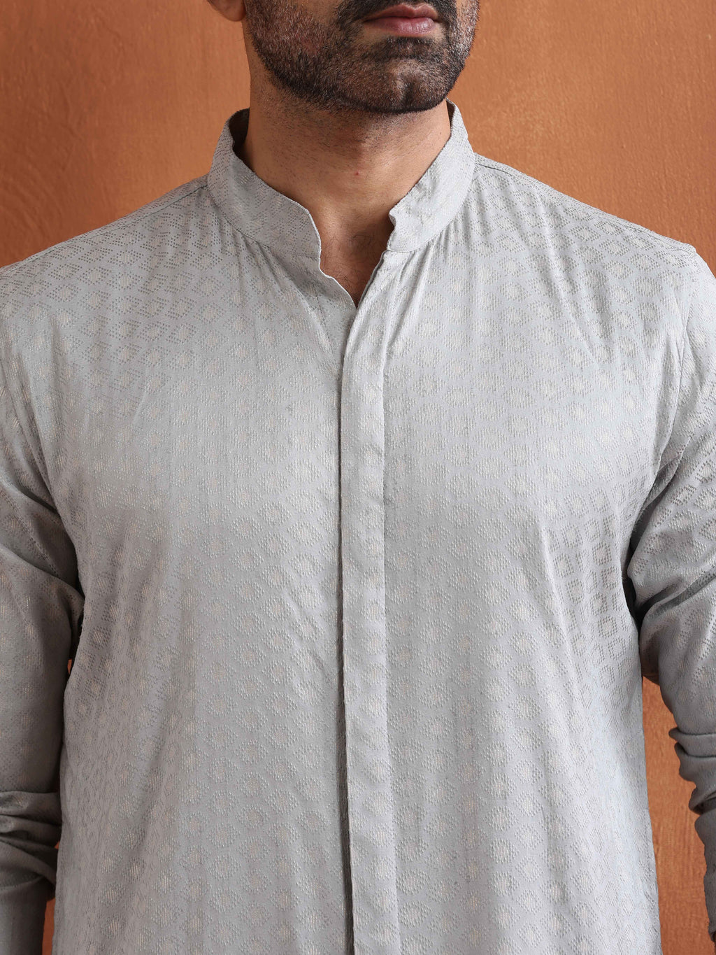 trueBrowns Men's Grey Chanderi Front Open Kurta | Grocsy