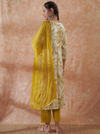 InWeave Women's White Mustard Lurex Leaf Print Patch Gota Kurta Set W Mustard Dupatta | Grocsy