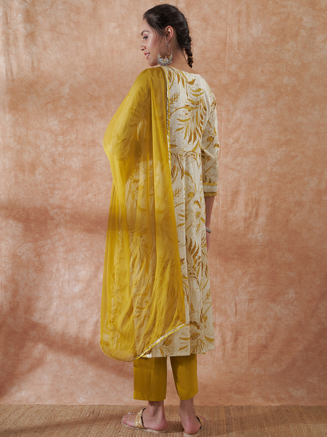 InWeave Women's White Mustard Lurex Leaf Print Patch Gota Kurta Set W Mustard Dupatta | Grocsy