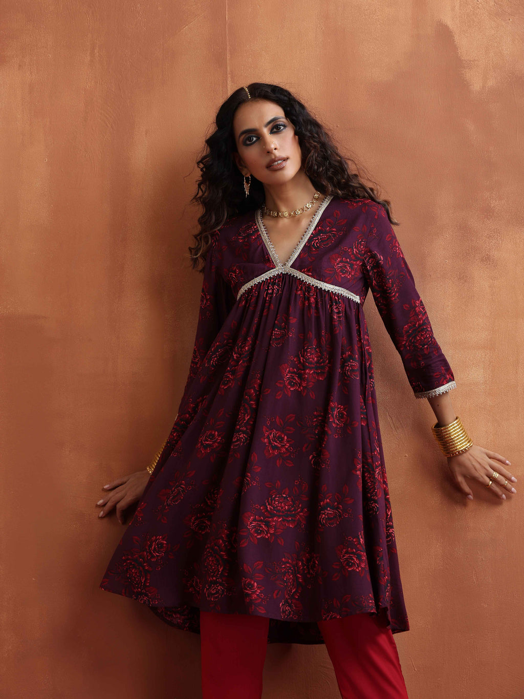 trueBrowns Purple Floral Print Anarkali Kurta Co-ord Set | Grocsy