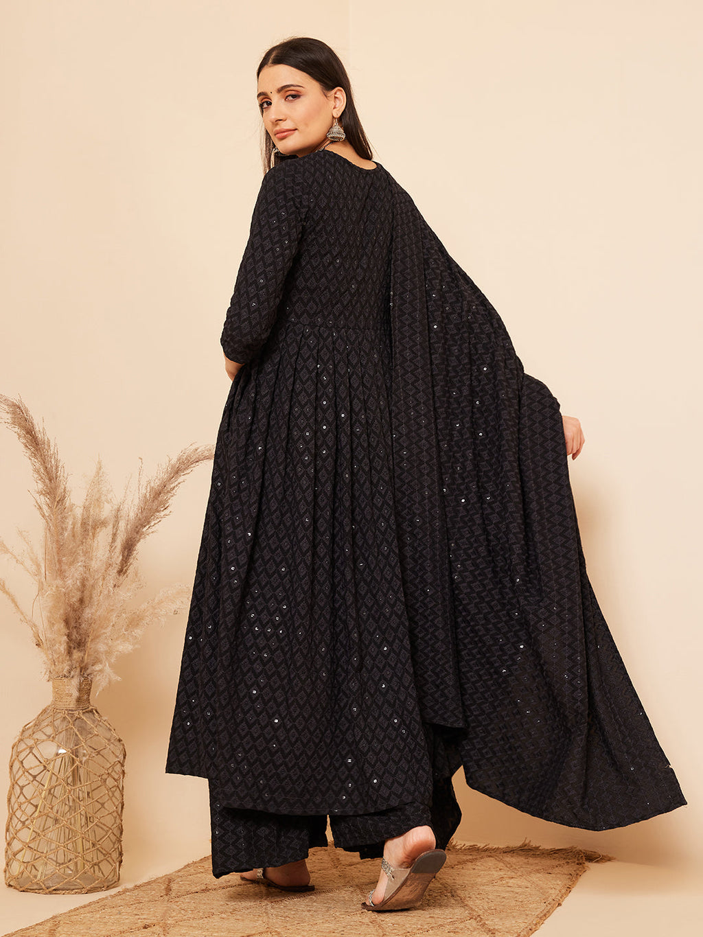 InWeave Women's Black Chikankari Long Anarkali Kurta Sharara Set W Dupatta | Grocsy