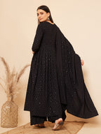 InWeave Women's Black Chikankari Long Anarkali Kurta Sharara Set W Dupatta | Grocsy