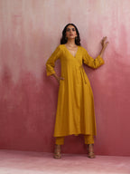 trueBrowns Mustard Cotton Dobby Kurta Set | Grocsy