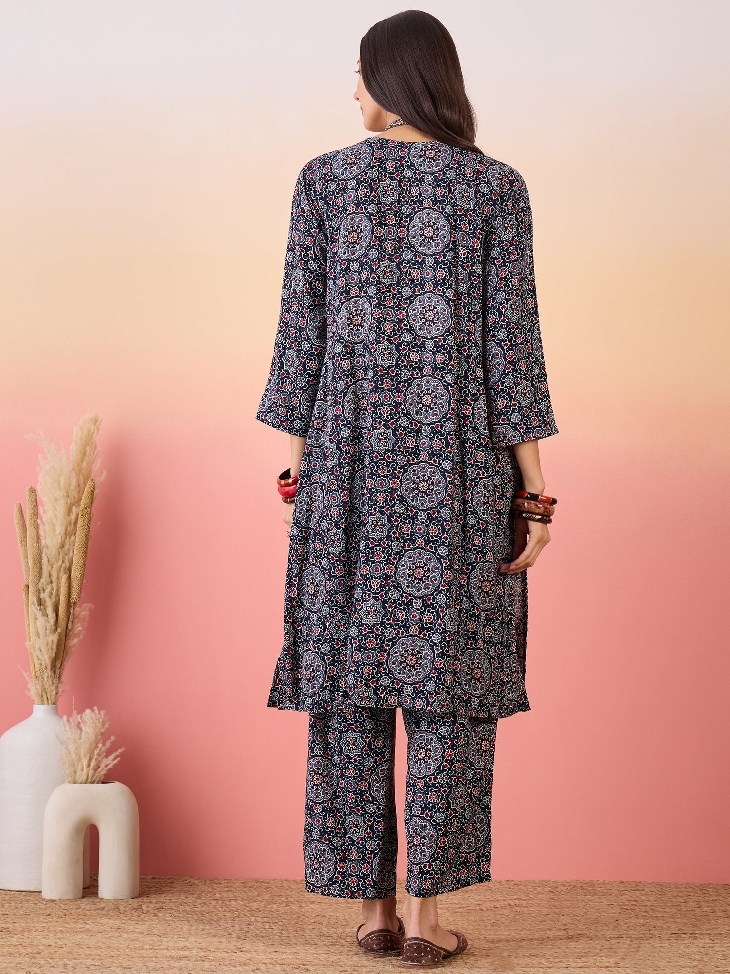 InWeave Navy Maroon Ajrakh Foil V Neck Kurta Pant Set | Grocsy