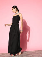 InWeave Women's Black Strappy Set With Pink Mustard Floral Short Organza Cape | Grocsy
