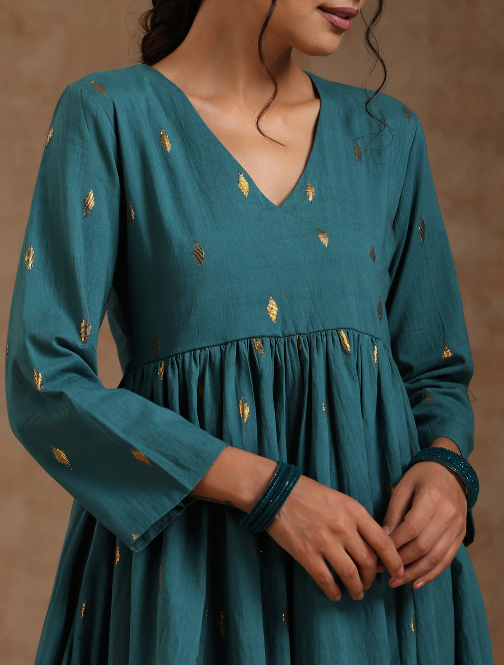 trueBrowns Deep Sea Gold Cotton Kalidar Kurta Set | Grocsy