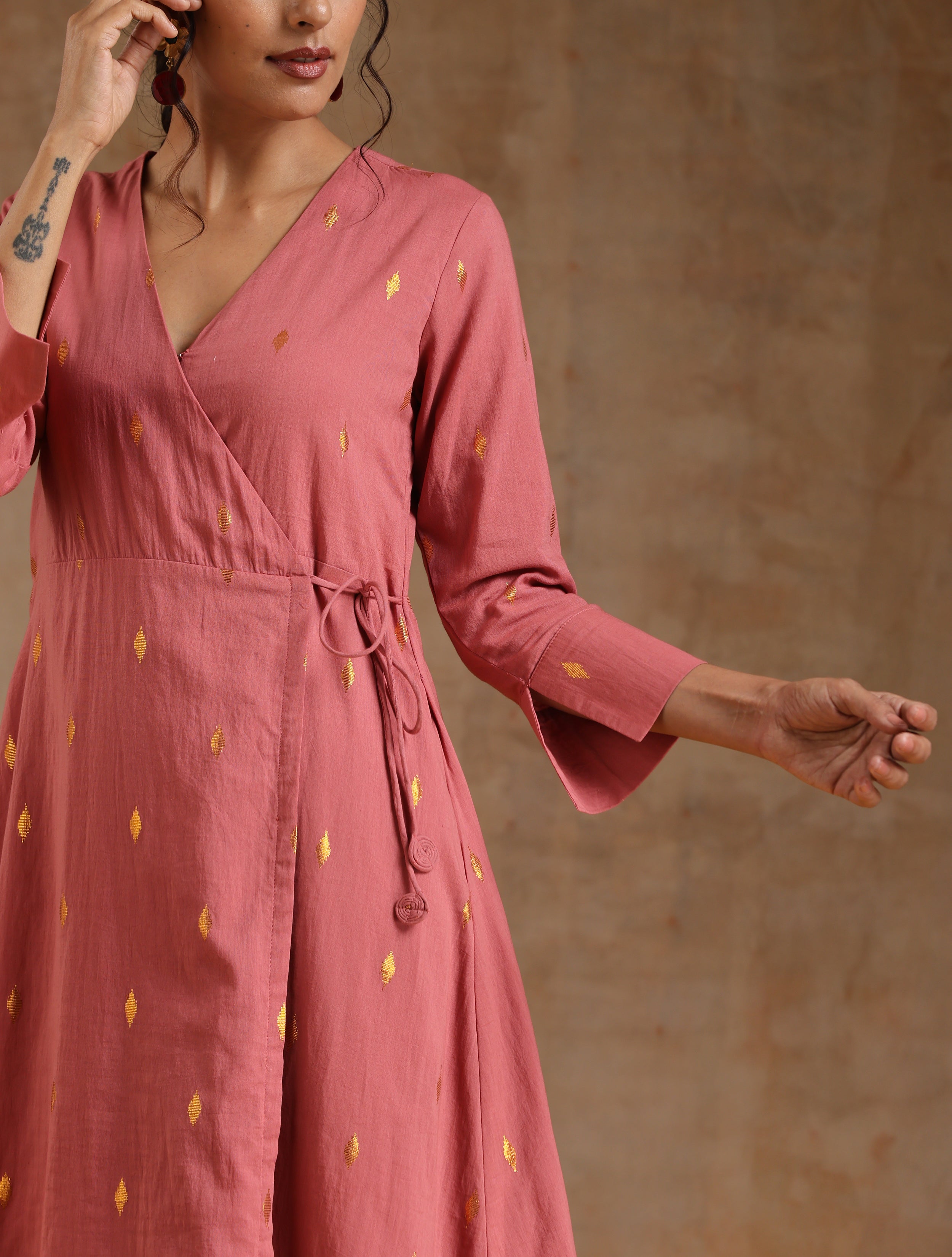 trueBrowns Blush Gold Cotton Angrakha Kurta Set | Grocsy