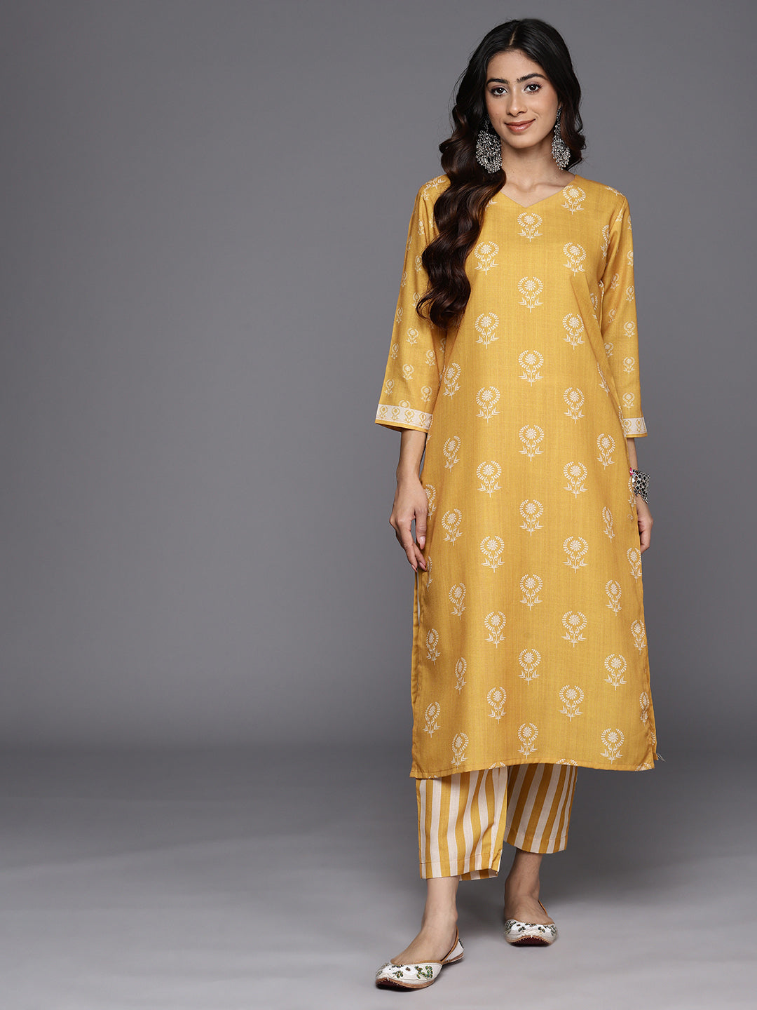 KSUT (House of Varanga) Mustard Digital Printed Kurta With V Neckline Paired With Straight Trouser | Grocsy