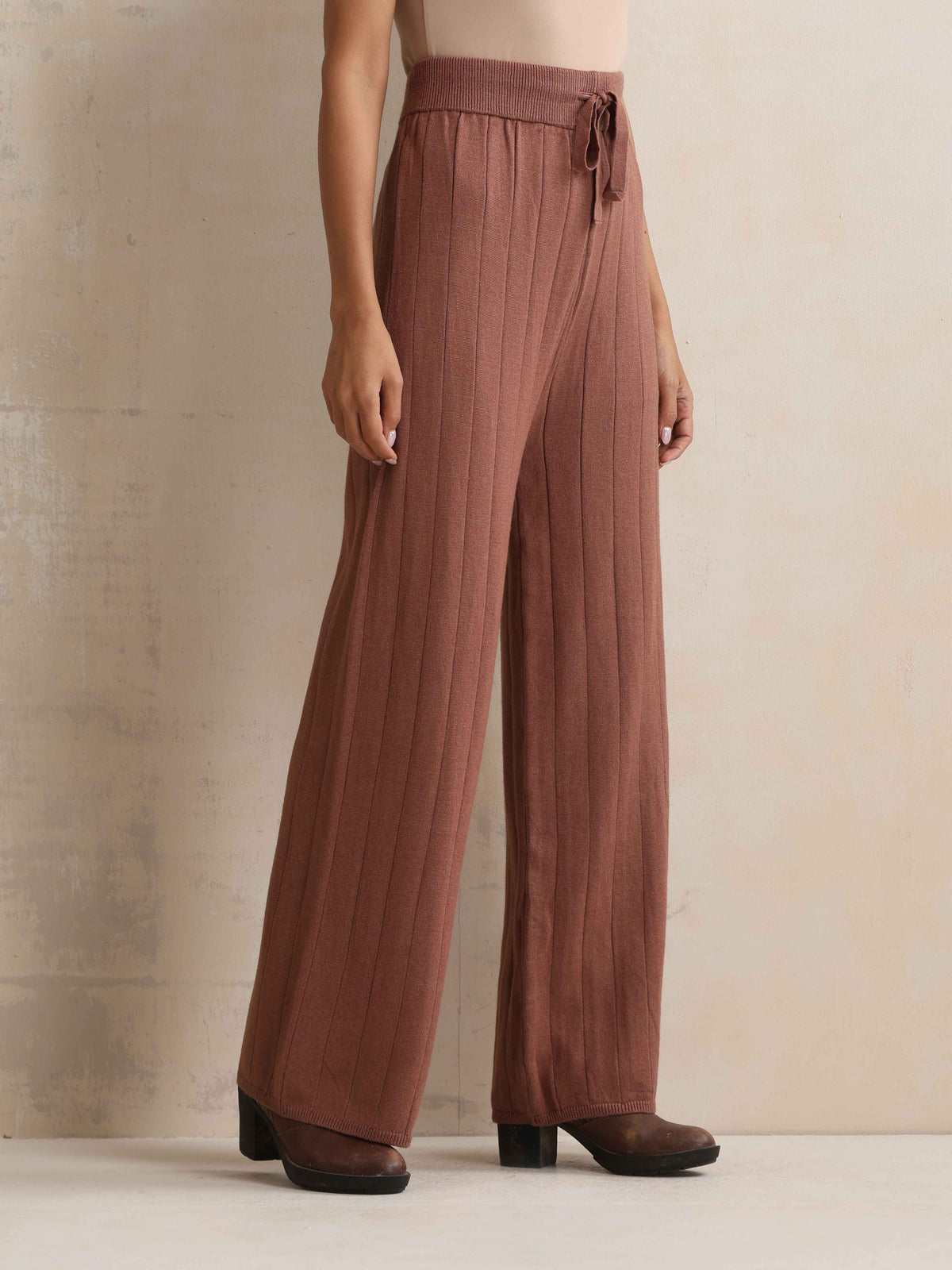 trueBrowns Peach Woollen Flared Pants | Grocsy