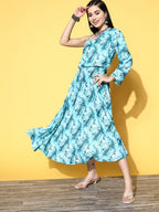 InWeave Women's Sea Blue One Shoulder Rayon Dress | Grocsy