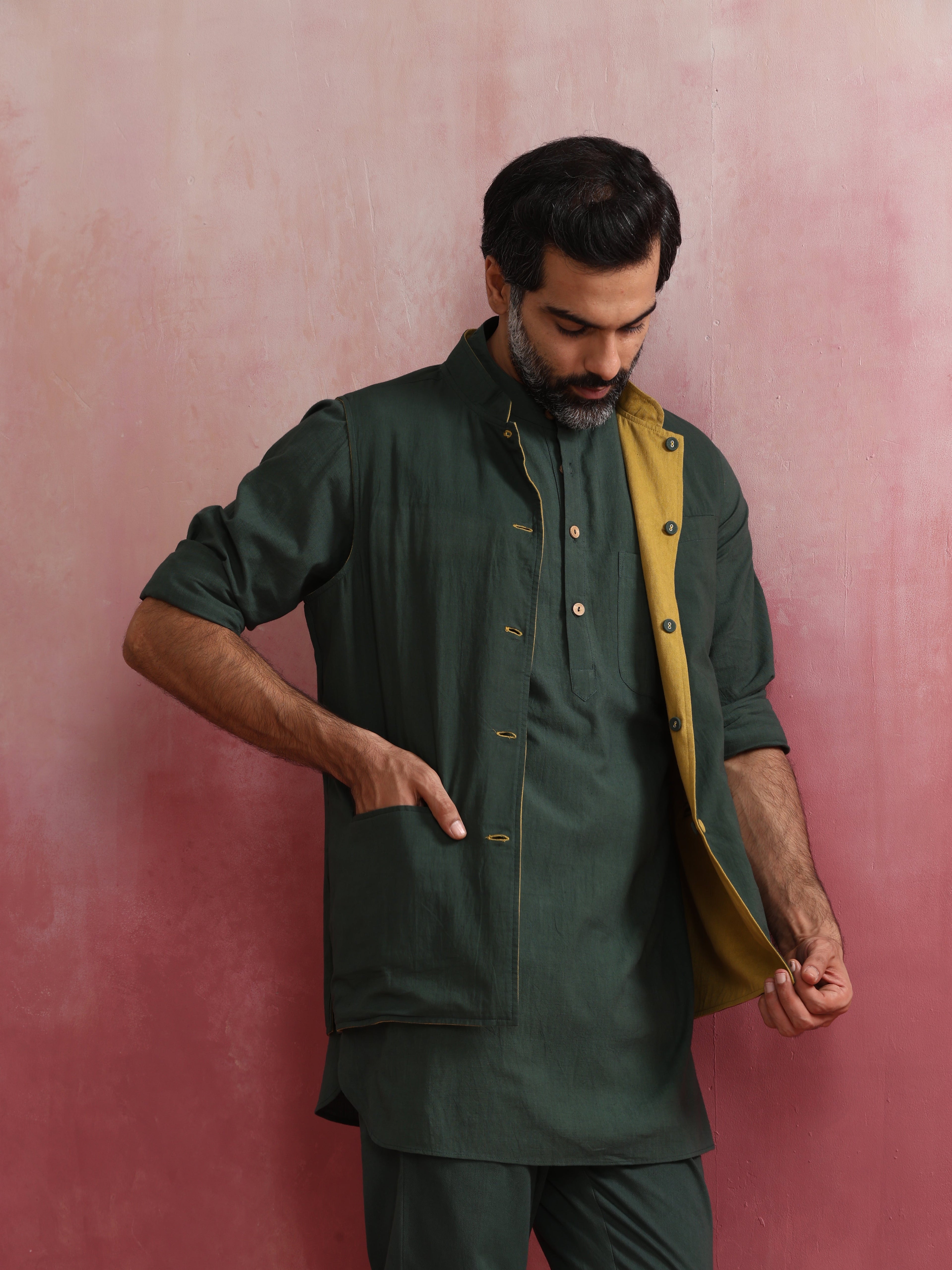 trueBrowns Men's Mustard Cotton Reversible Nehru Jacket | Grocsy