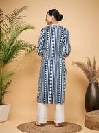 InWeave Women's White Navy Stripe Print Gota Straight Kurta | Grocsy