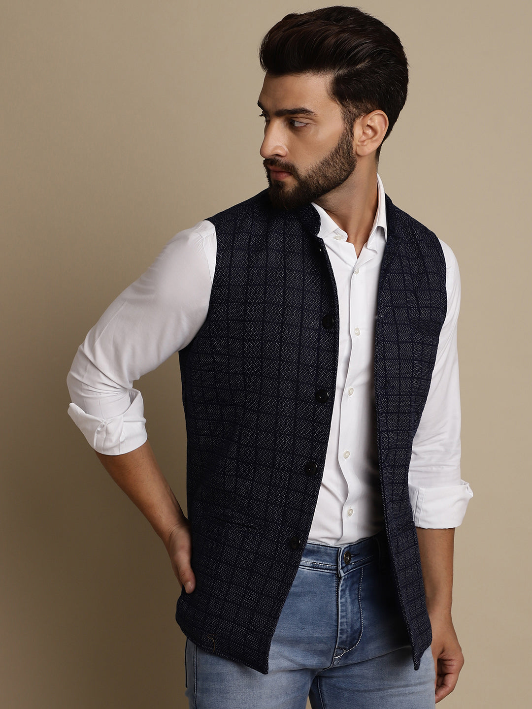 Even Apparels Men's Blue Mandarin Collar Waistcoat | Grocsy