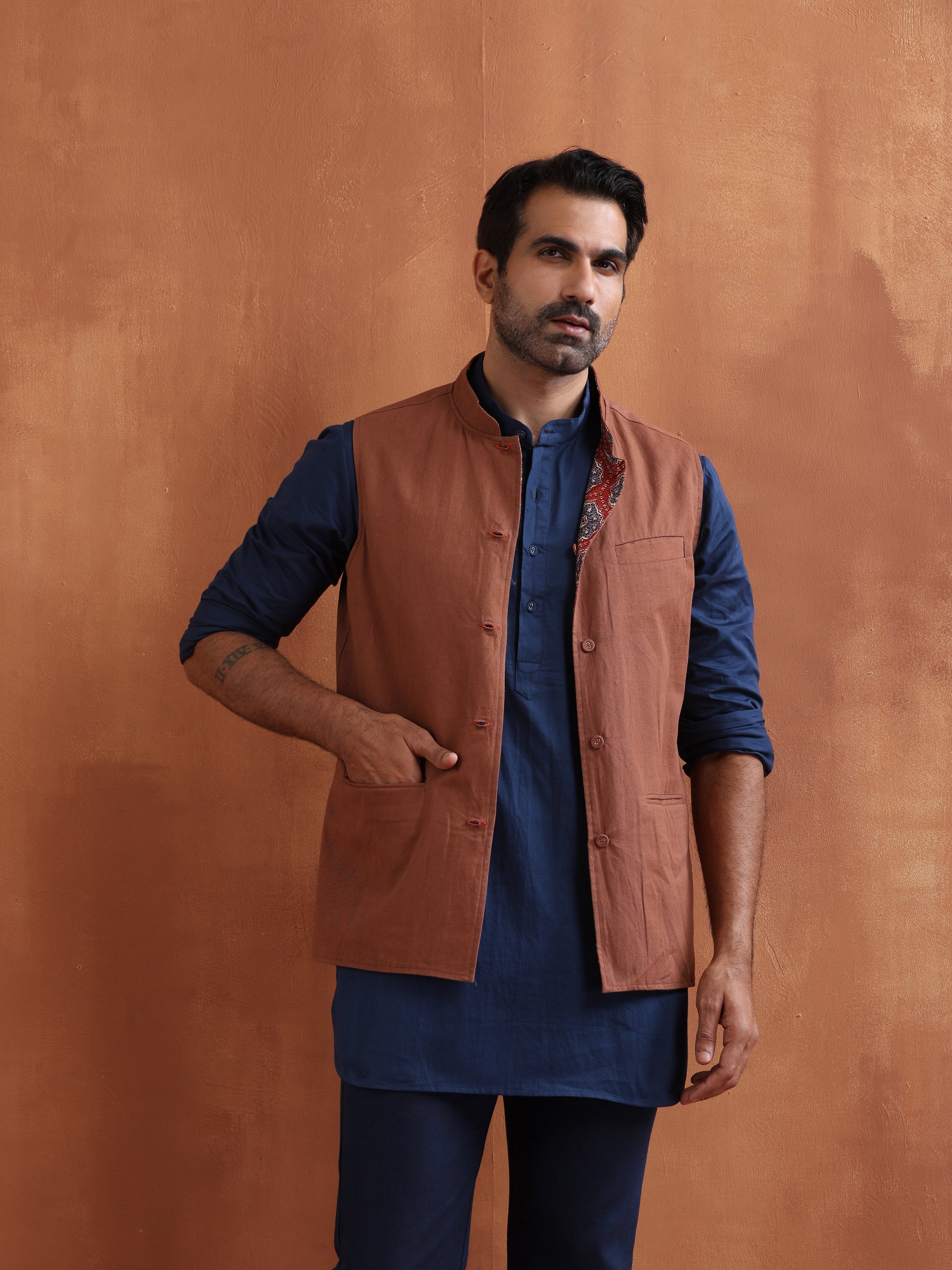 trueBrowns Men's Rust Printed Reversible Nehru Jacket | Grocsy