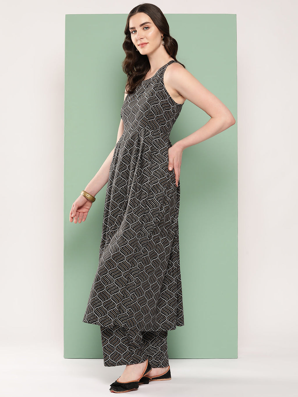 InWeave Women's Black Bandhej Print Raisa Back Detial Long Coords Set | Grocsy