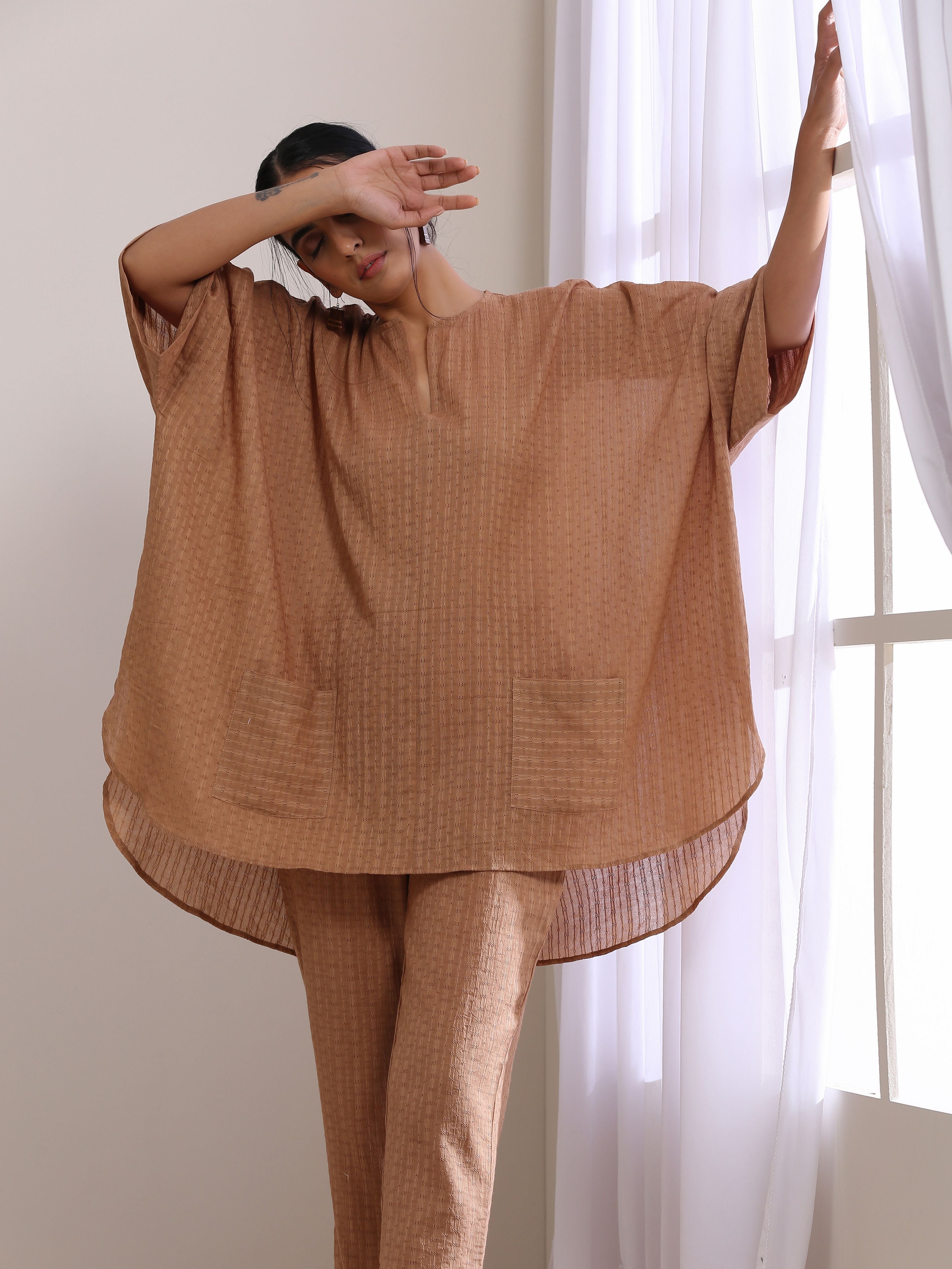 trueBrowns Beige Dobby Boxy Fit High-Low Co-Ord Set | Grocsy