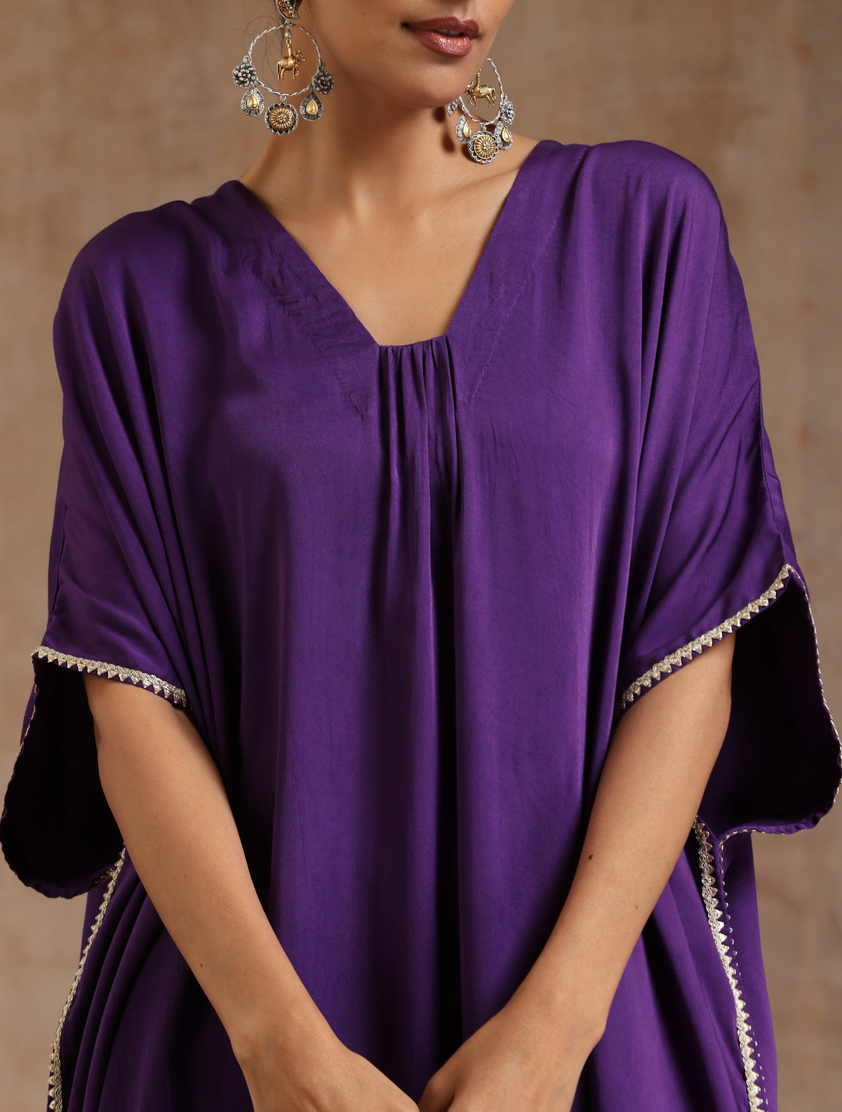trueBrowns Violet Modal Satin Kaftan Kurta Set | Grocsy