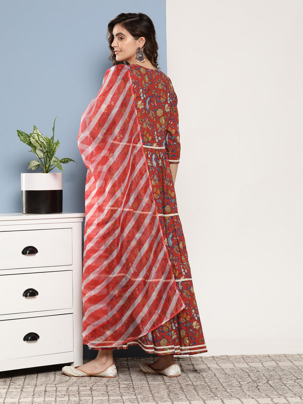 InWeave Women's Red Floral Print Tiered Dress With Lace With Red Leh Dupatta | Grocsy