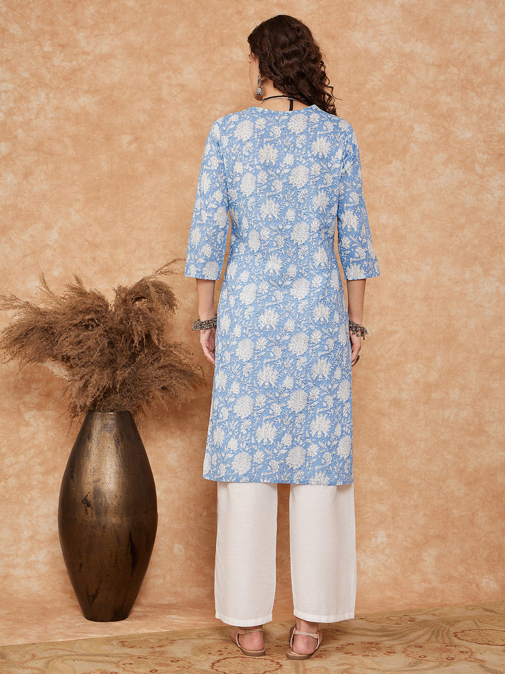 InWeave Women's Blue White Floral Square Lace Work Straight Kurta | Grocsy