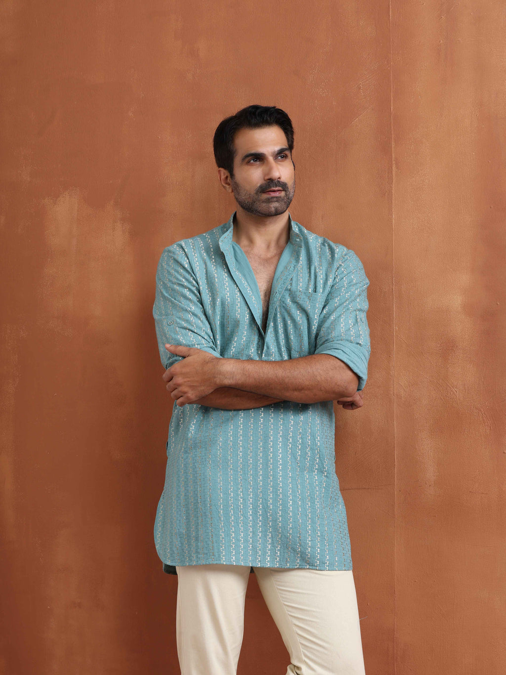 trueBrowns Men's Green Cotton Dobby Short Kurta | Grocsy