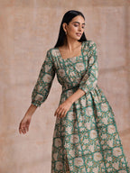 trueBrowns Fern Green Overall Floral Block Print Cotton Square Neck Dress | Grocsy