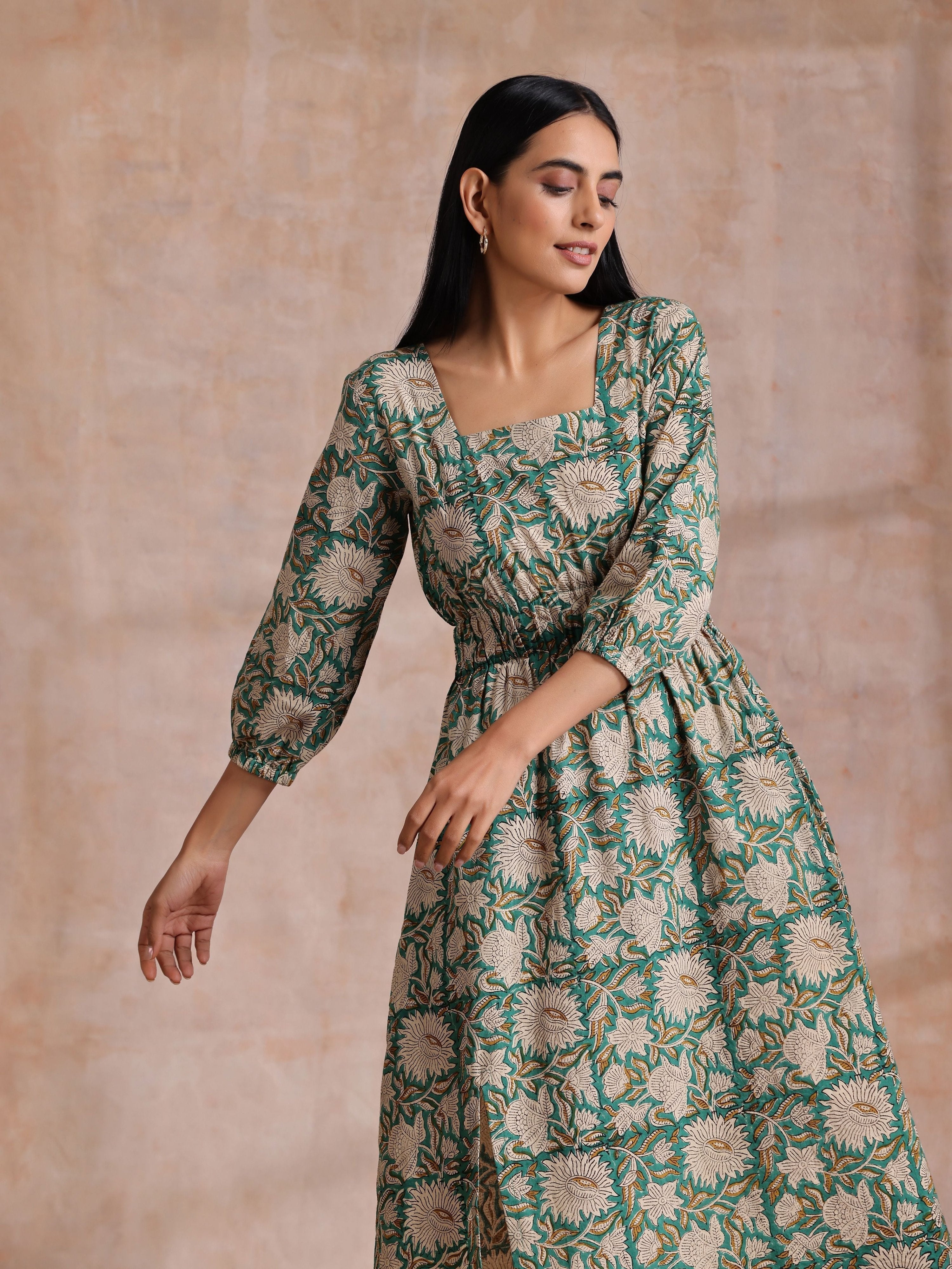 trueBrowns Fern Green Overall Floral Block Print Cotton Square Neck Dress | Grocsy