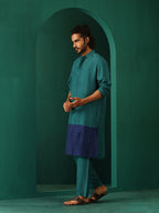 trueBrowns Men's Blue Color Block Silk Long Kurta | Grocsy