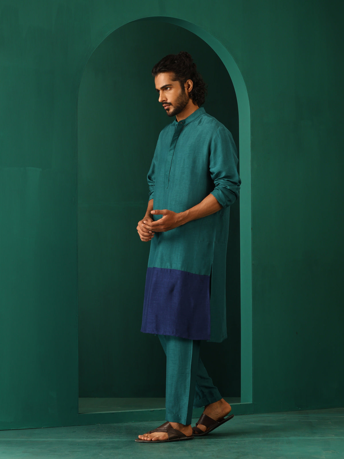trueBrowns Men's Blue Color Block Silk Long Kurta | Grocsy