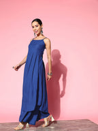 InWeave Women's Ink Blue Strappy Set With Pink Mustard Print Short Organza Cape | Grocsy