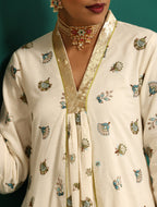 trueBrowns Ivory Blue Floral Cotton Front Gathered Kurta Pant Set | Grocsy