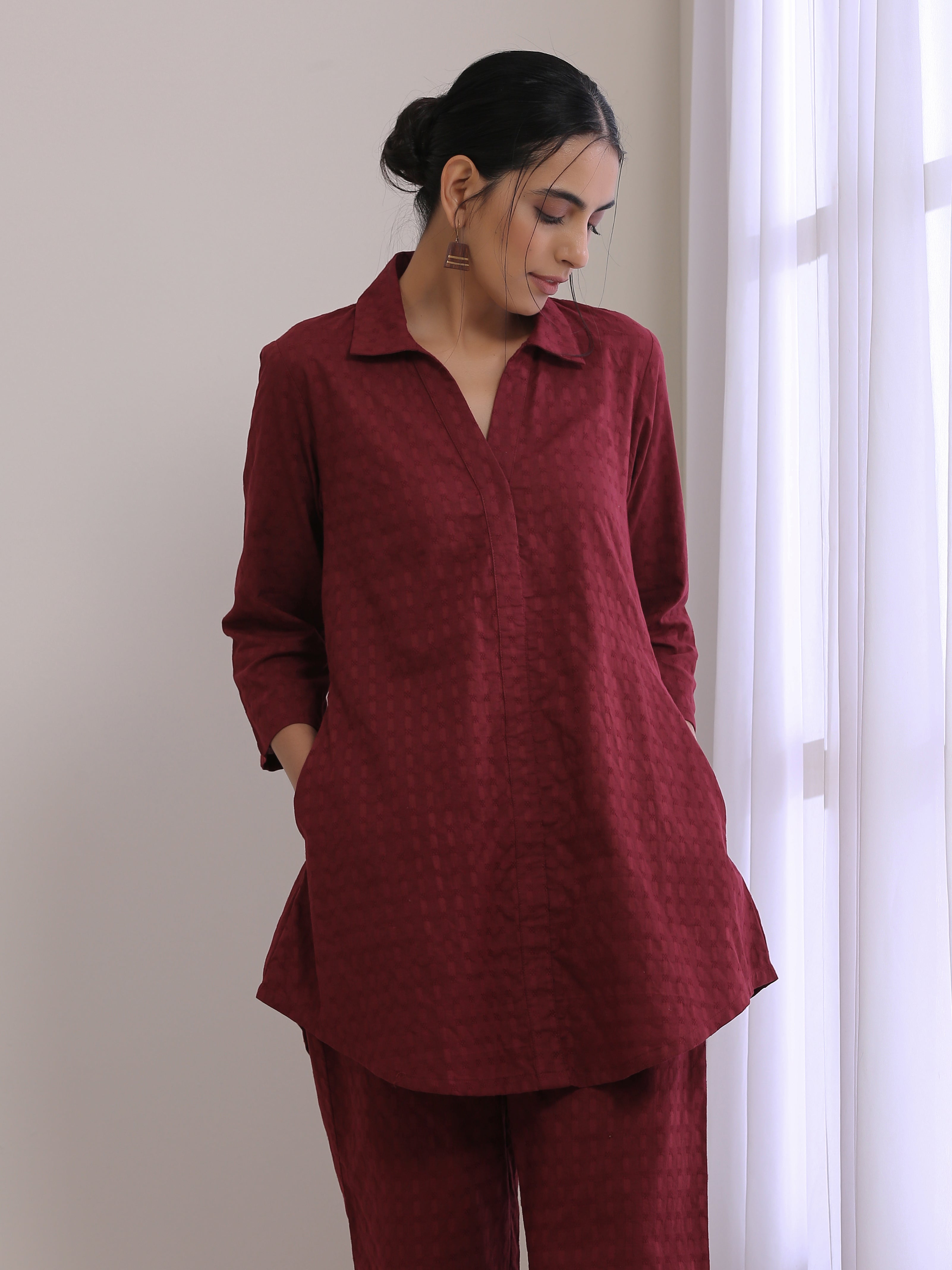 trueBrowns Ruby Wine Dobby Collar Short Co-Ord Set | Grocsy