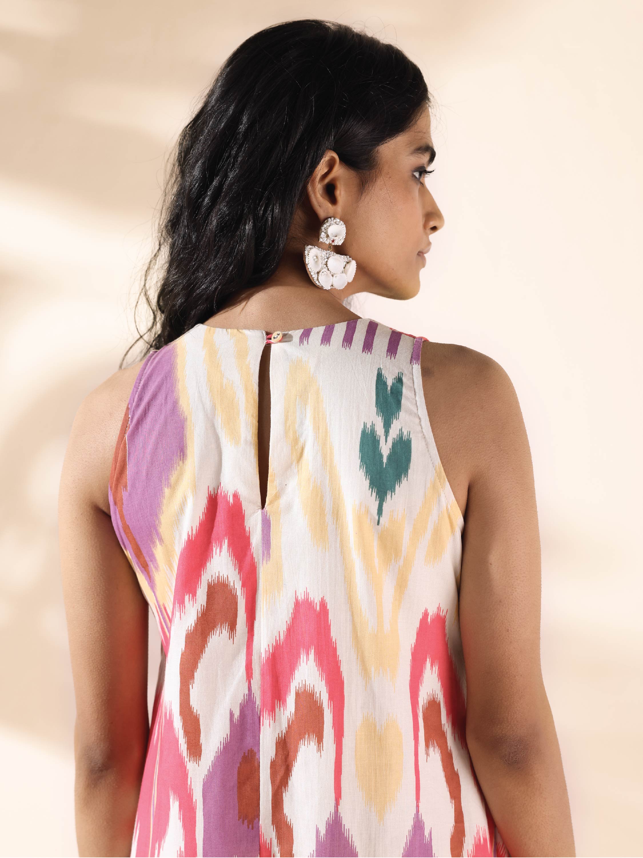 trueBrowns Pink Cotton Ikat Sleeveless Dress | Grocsy