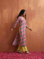 trueBrowns Pink Print High Slit Kurta Set | Grocsy