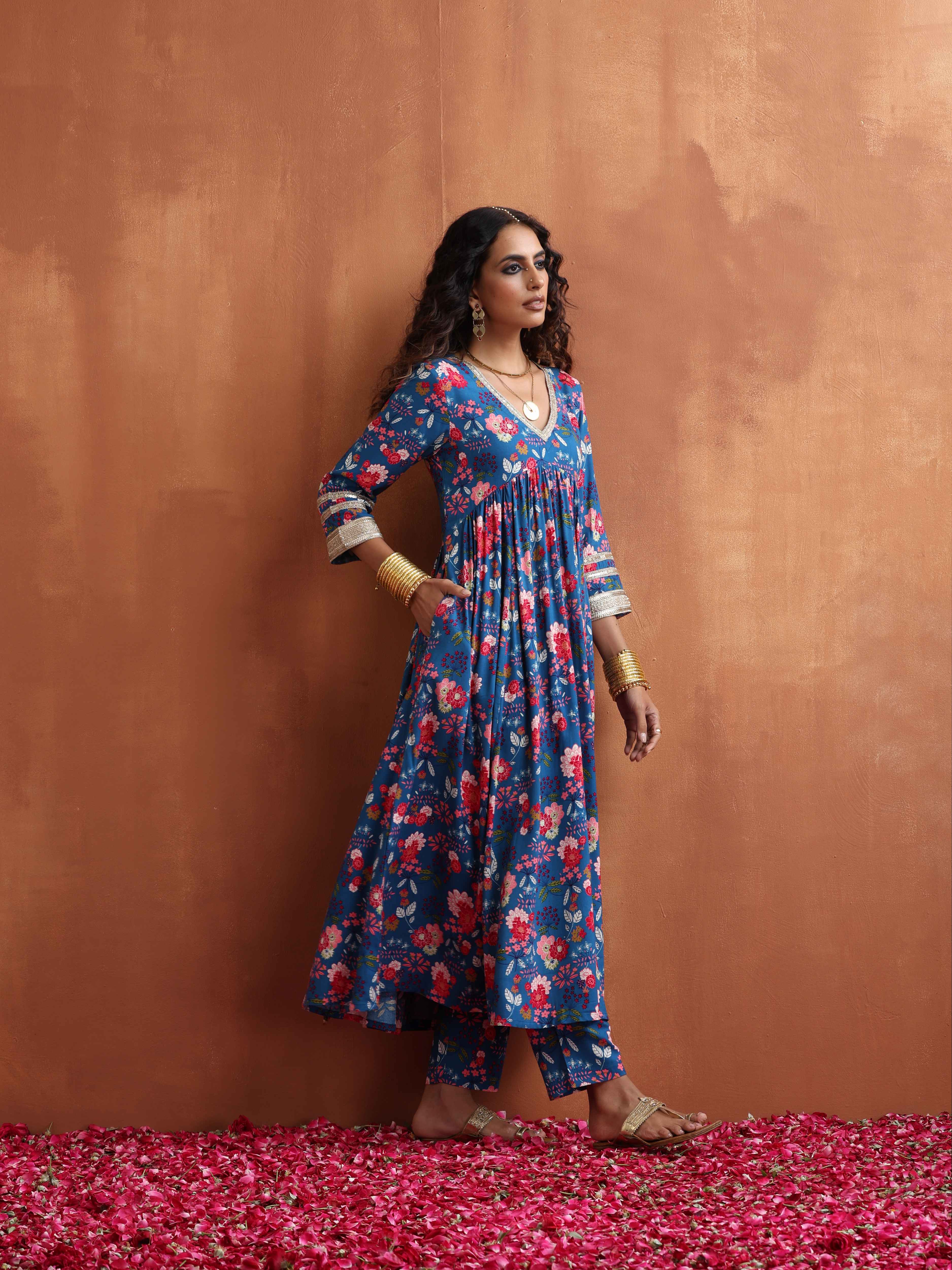 trueBrowns Blue Print Flared Anarkali Kurta Set | Grocsy