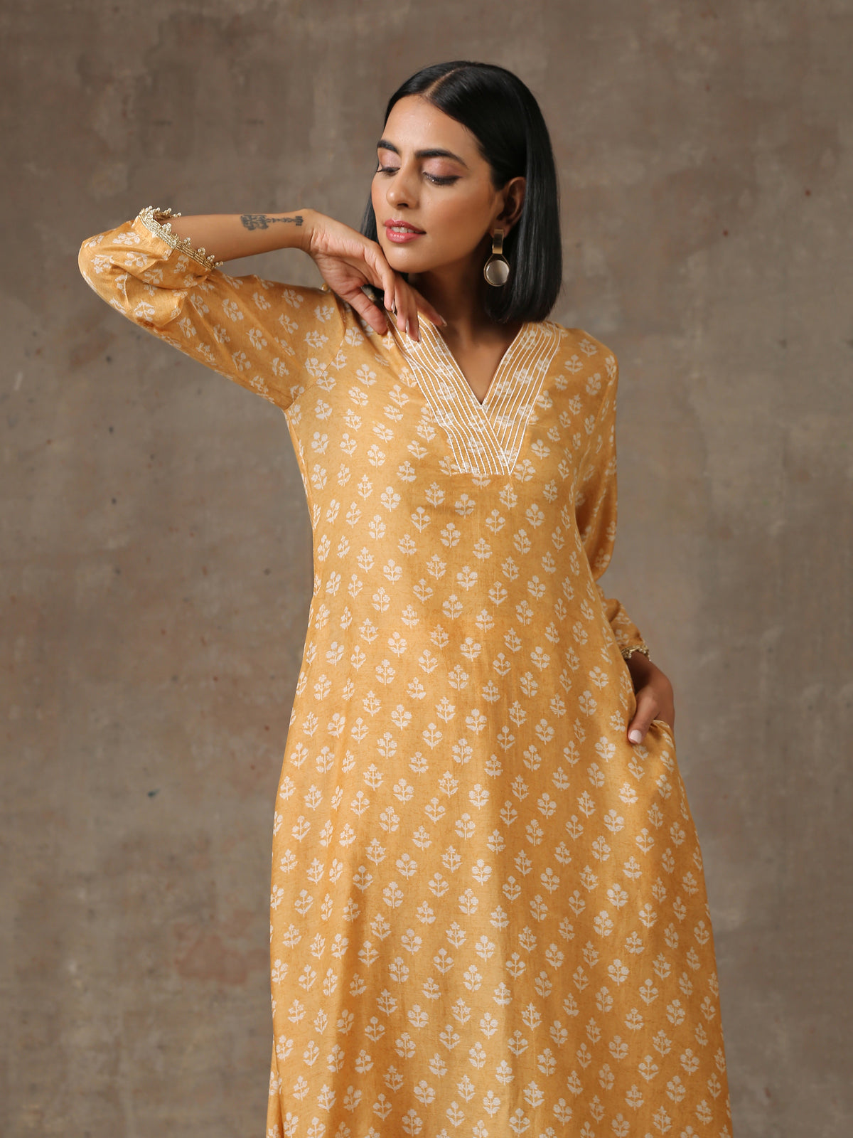 trueBrowns Beige White Flared Printed Silk Kurta Pant Set | Grocsy