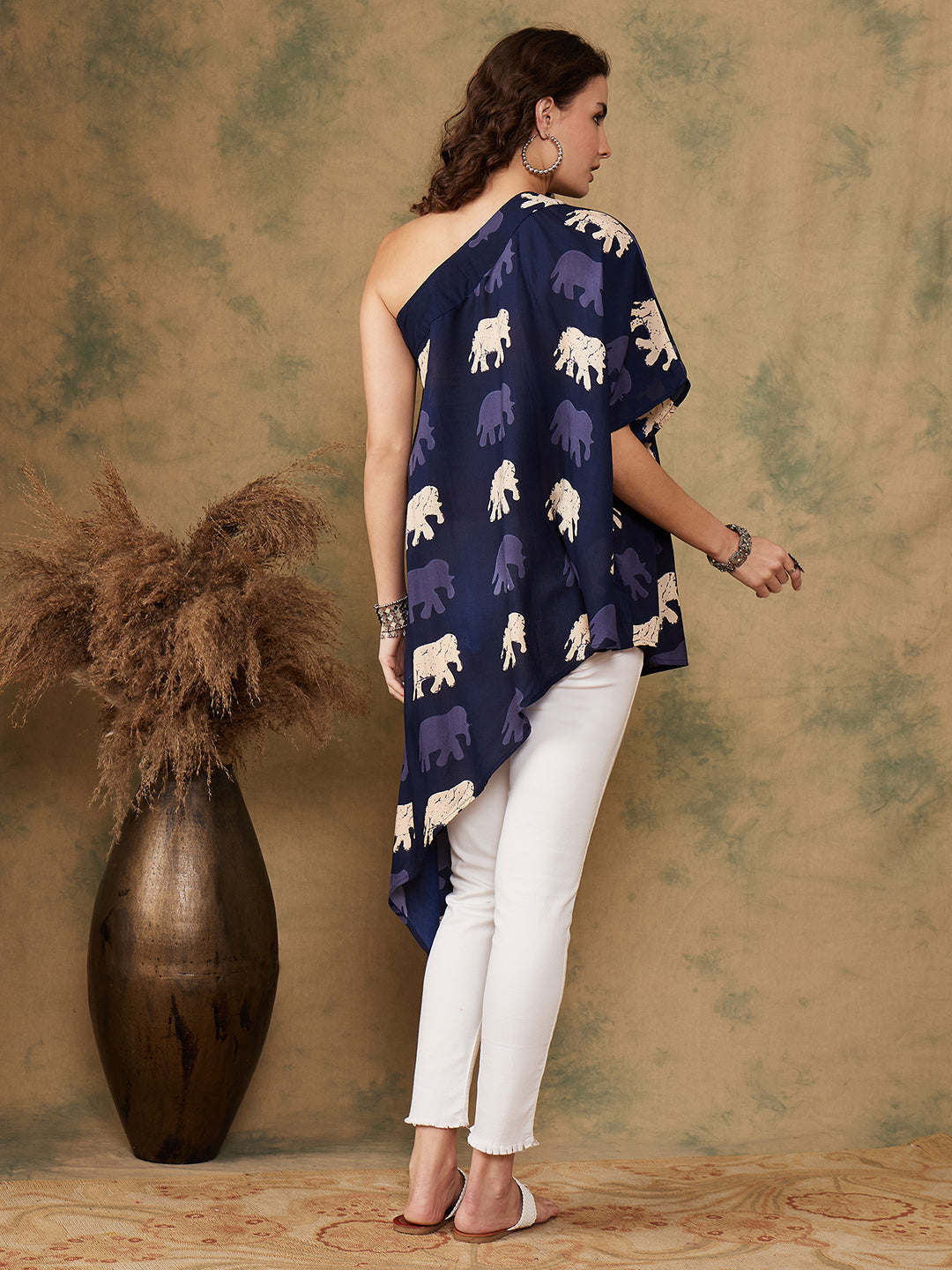 InWeave Women's Blue Elephant Print Oneshoulder Top | Grocsy