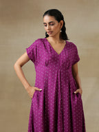 trueBrowns Purple Bandhani Printed Silk Drop Shoulder Kurta Pant Set | Grocsy