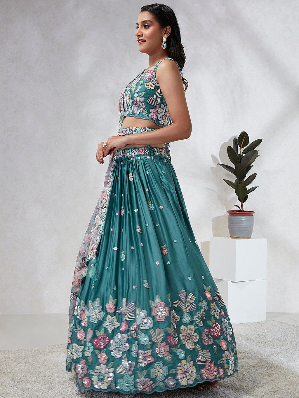 House of Panchhi Turquoise Blue Georgette Sequins And Thread Embroidery Lehenga Choli & Dupatta | Grocsy
