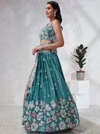 House of Panchhi Turquoise Blue Georgette Sequins And Thread Embroidery Lehenga Choli & Dupatta | Grocsy