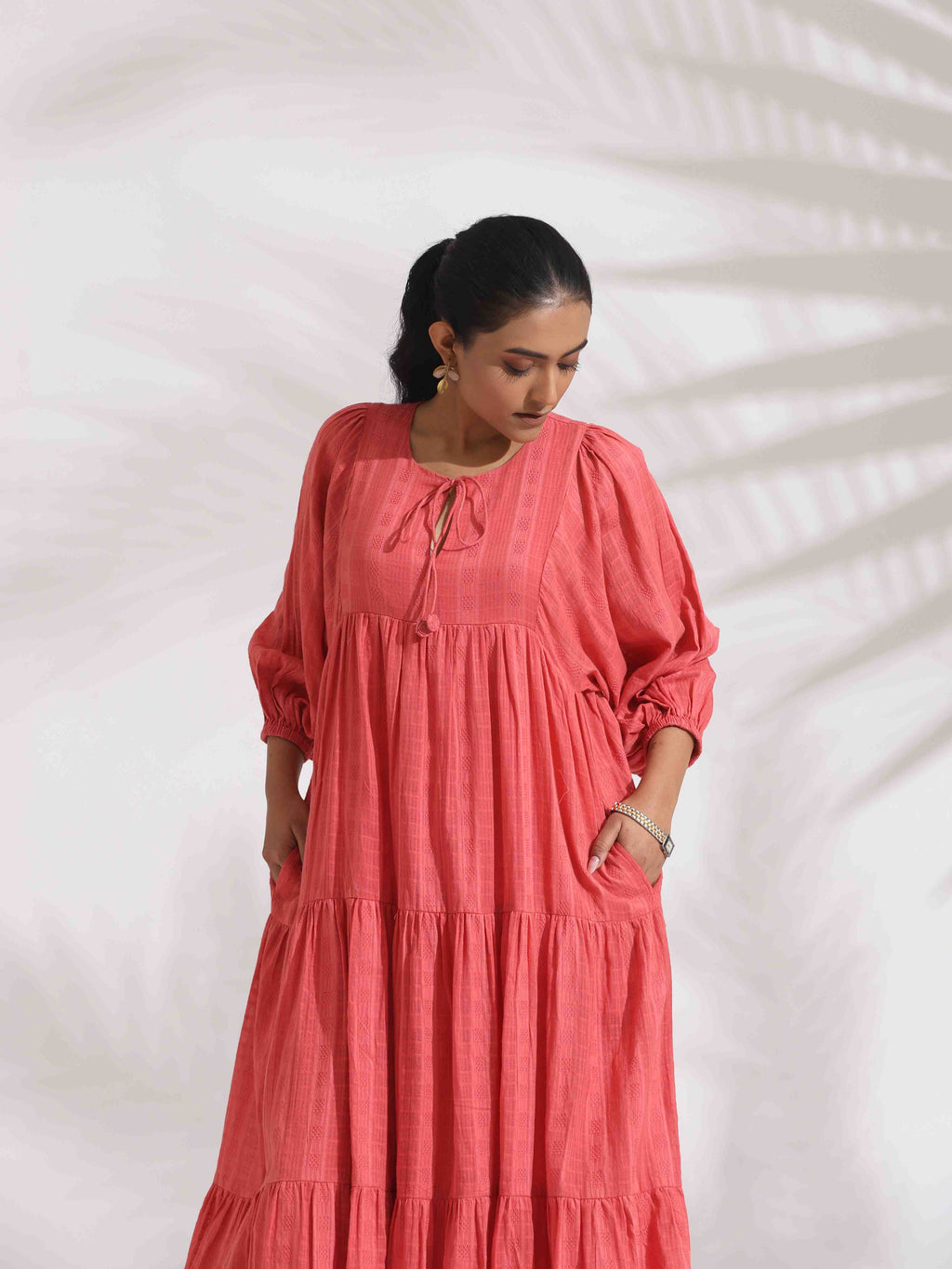 trueBrowns Pink Cotton Tier Dress | Grocsy