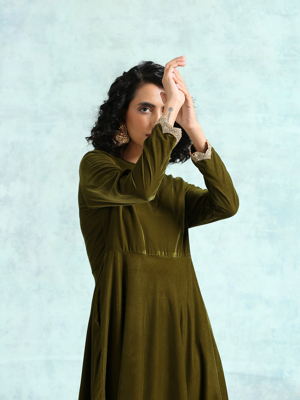 trueBrowns Mehandi Velvet Anarkali Kurta | Grocsy