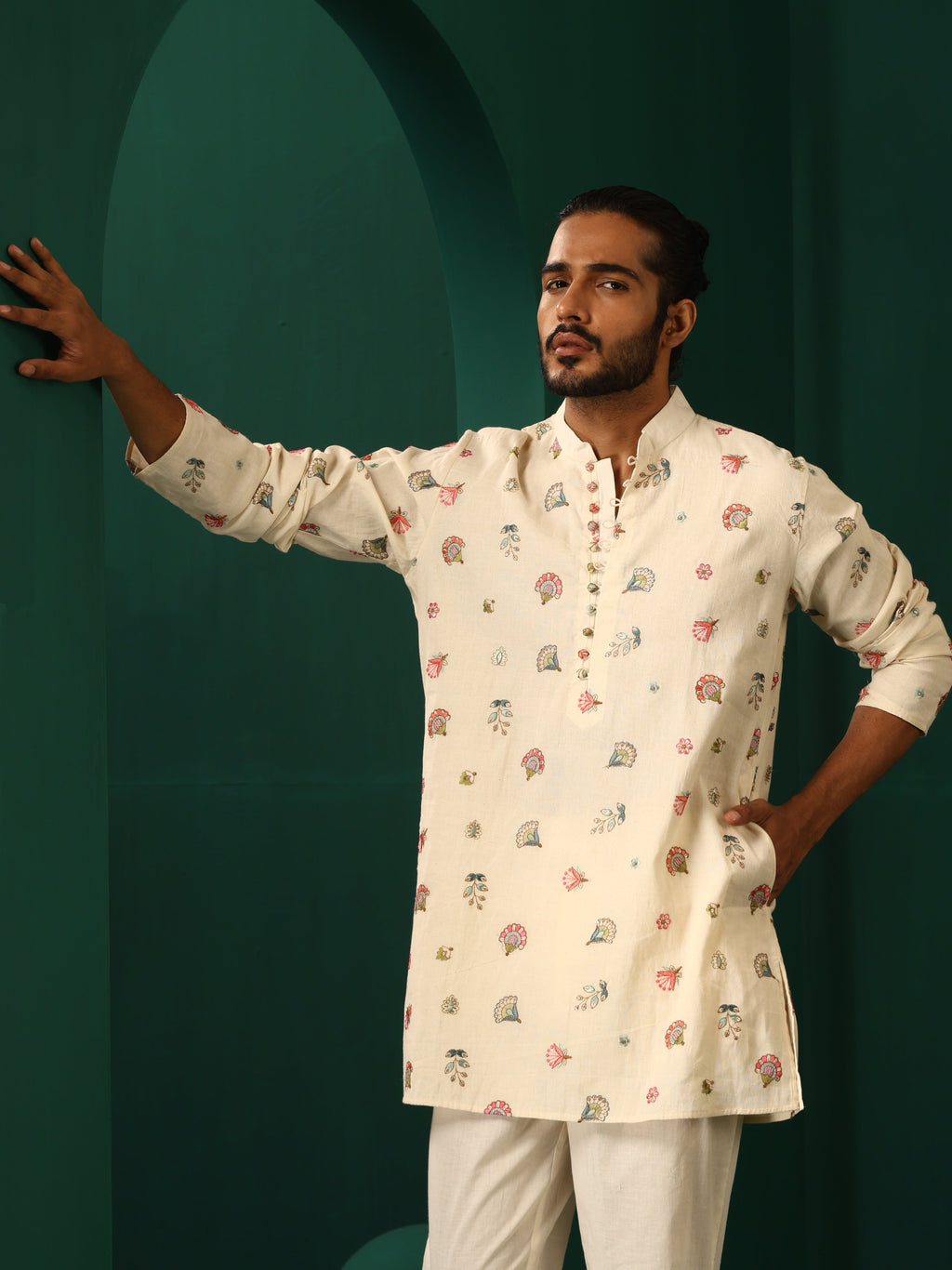 trueBrowns Men's Ivory Multi color Floral Cotton Co-ord Set | Grocsy