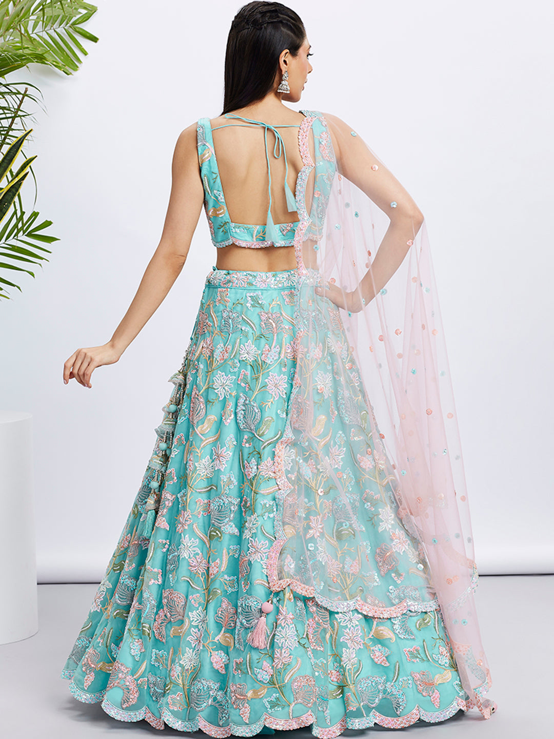 House of Panchhi Turquoise Blue Chiffon Sequins And Thread Embroidery Lehenga Choli & Printed Dupatta | Grocsy