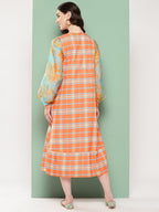 Ahalyaa Checked Tie-Up Neck Sequined Ethnic A-Line Midi Dress | Grocsy