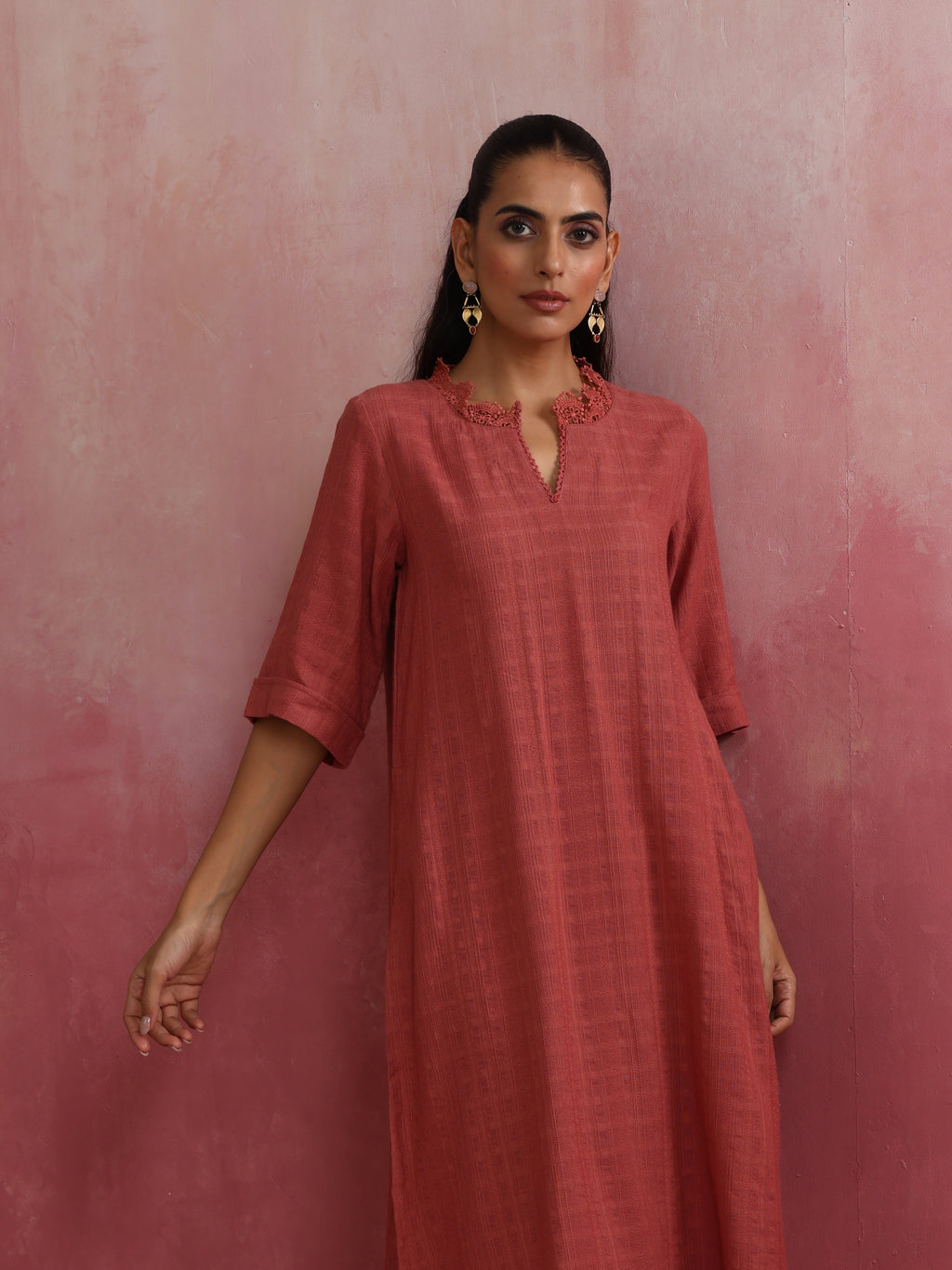 trueBrowns Peach High low Cotton Dobby Kurta Set | Grocsy