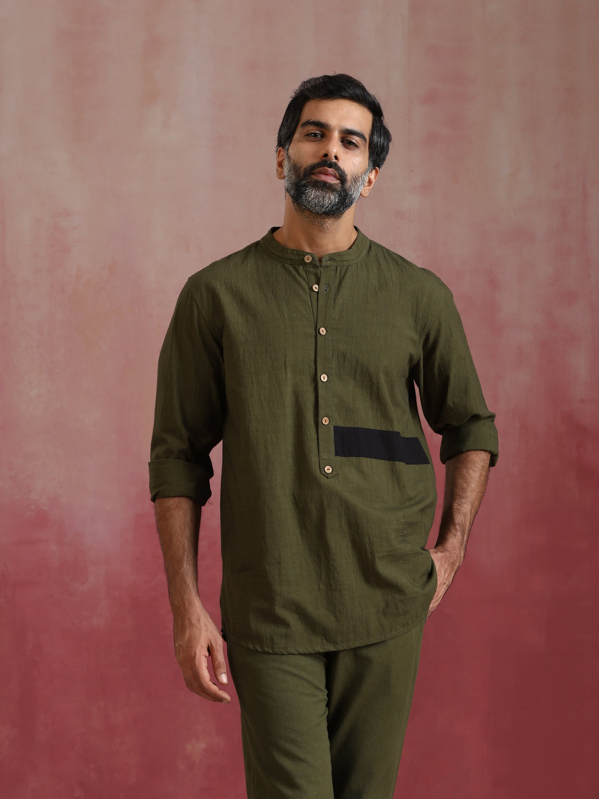 trueBrowns Men's Olive green Cotton Mandarin Collar Kurta Co-ord set | Grocsy