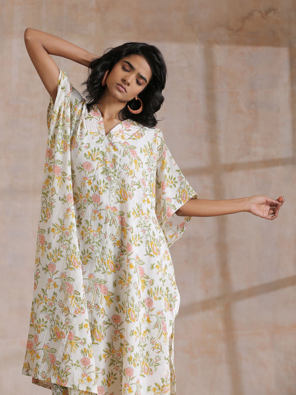 trueBrowns Pink Yellow Floral On White Block Print Cotton Panel Kaftan Kurta Pant Set | Grocsy